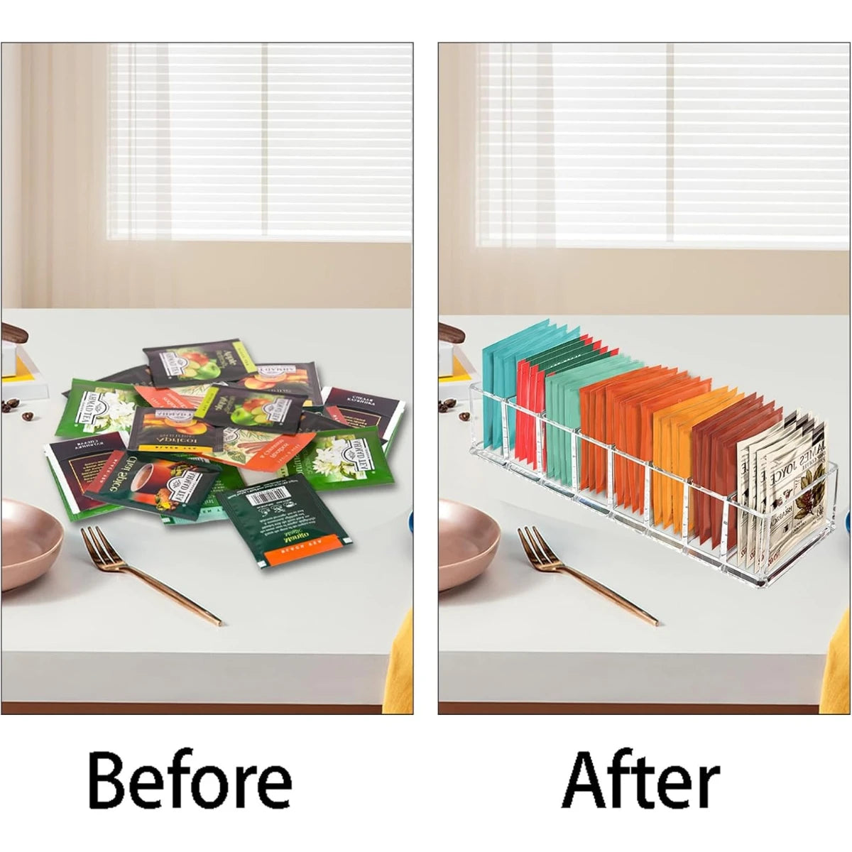 Before and after image showing tea packets loose versus organized in the acrylic holder.