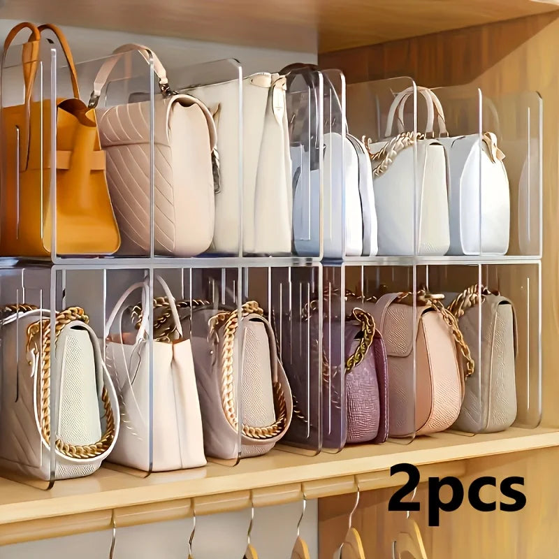 two clear acrylic handbag racks organizing purses on a closet shelf