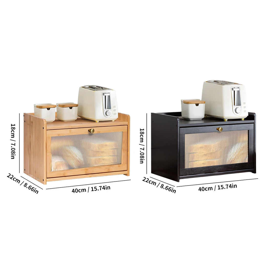 Natural and black bamboo bread boxes with size details labeled