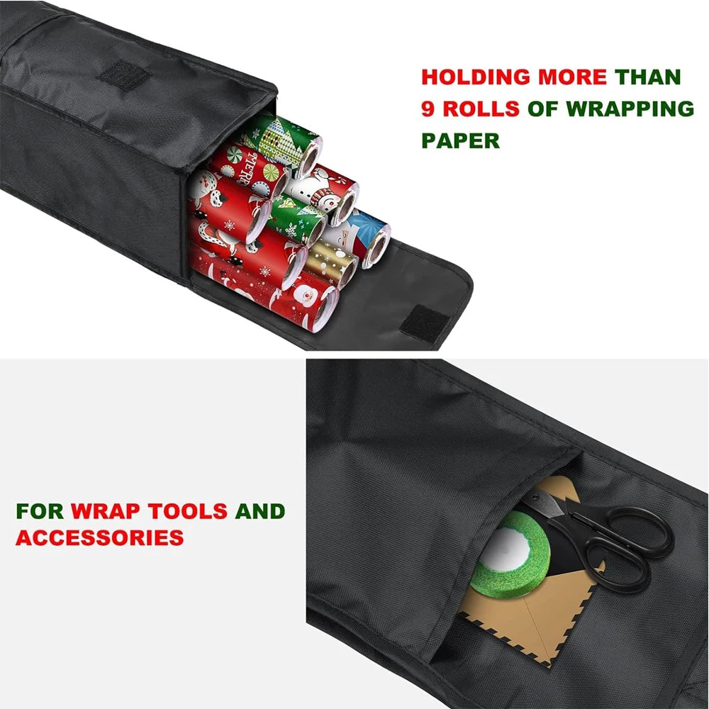 Black Oxford gift wrap storage bag with over 9 rolls of holiday wrapping paper and an external pocket for wrap accessories