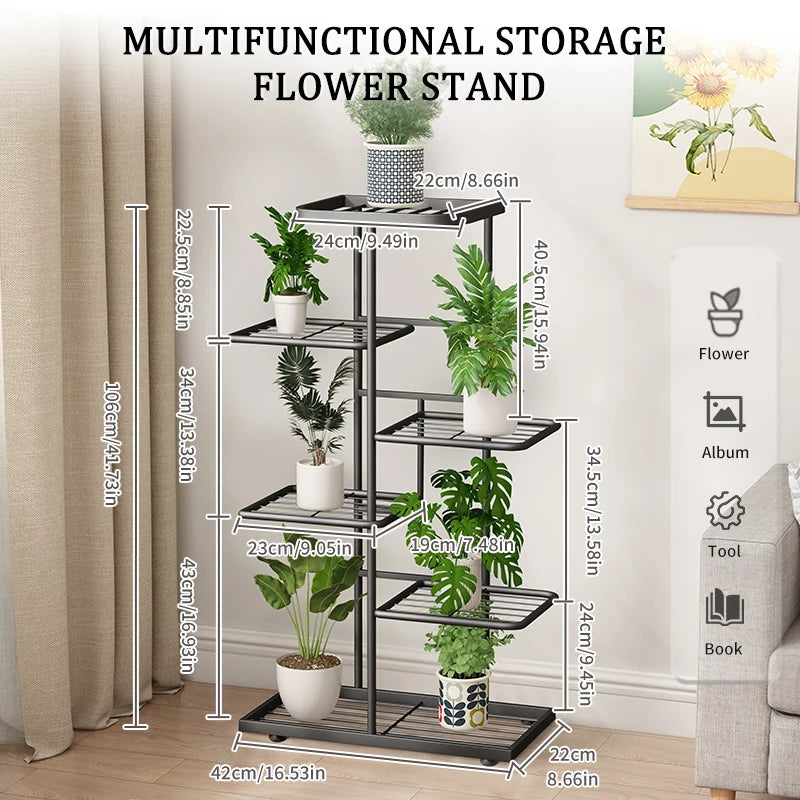 Black iron plant stand with five grid shelves and potted plants, shown with detailed size measurements in a living space