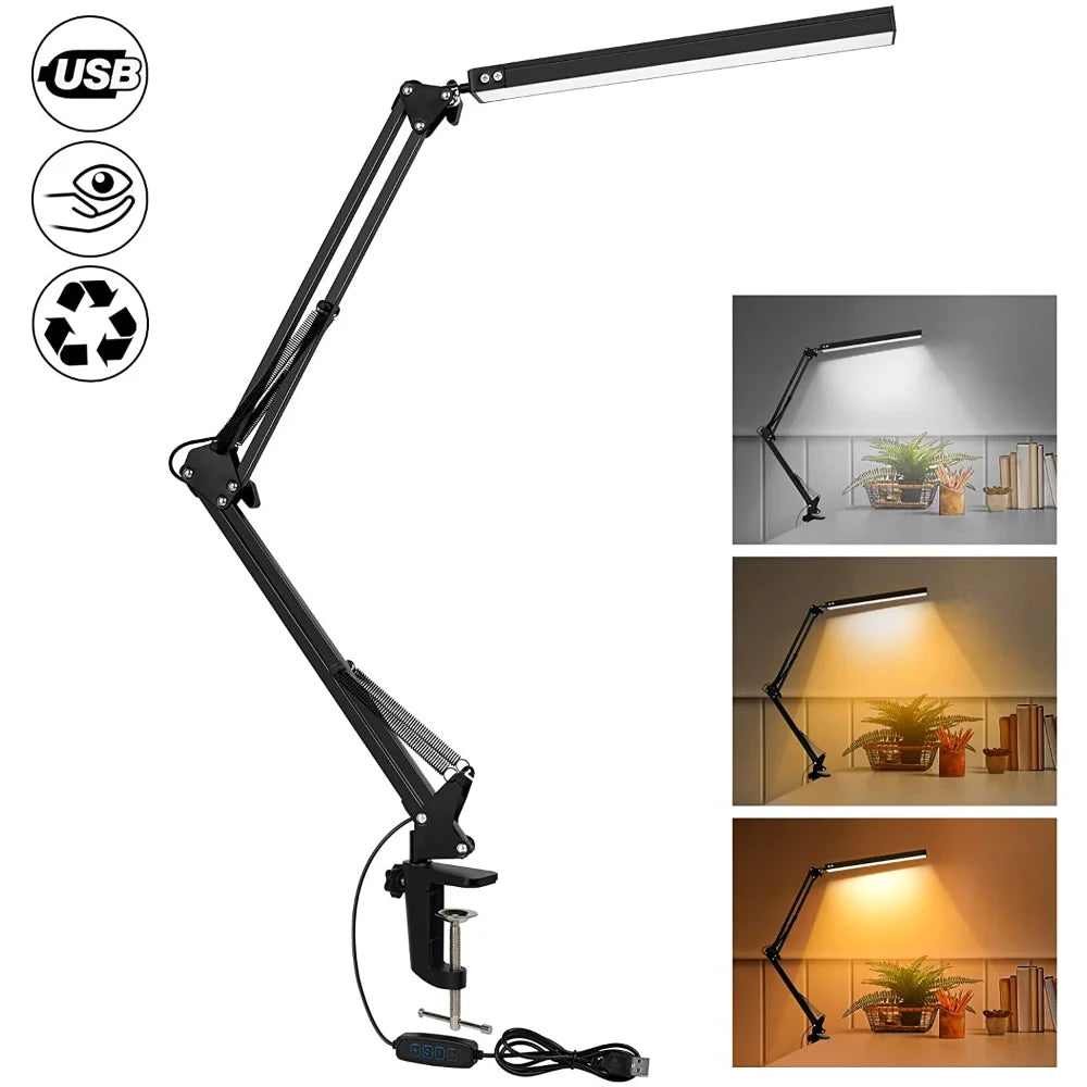 Black swing arm LED clamp desk lamp with three color modes shown in workspace