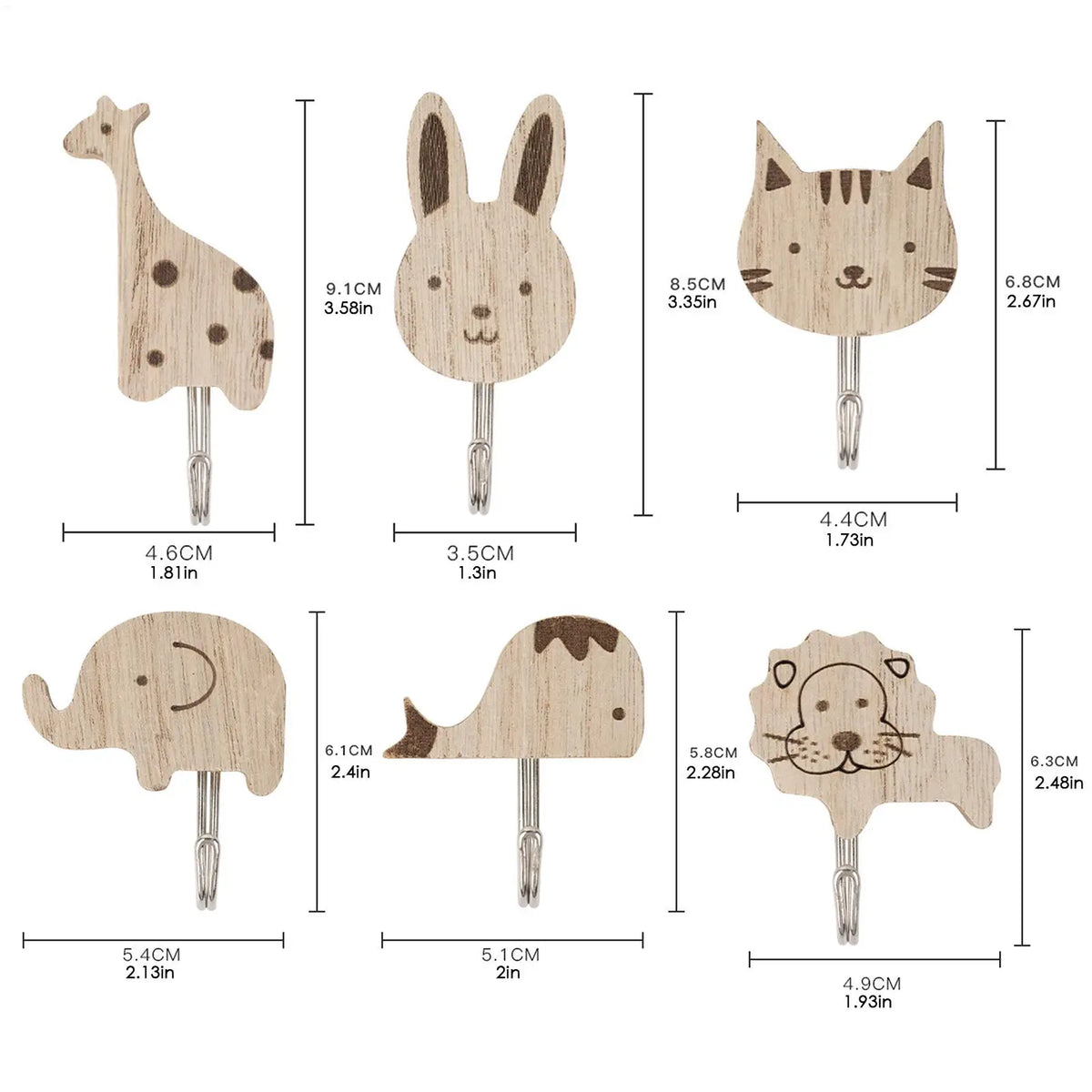 Willow Grove Animal Wall Hooks – Set of 6 Self-Adhesive Bamboo Hooks for Nursery, Kids’ Room, or Entryway