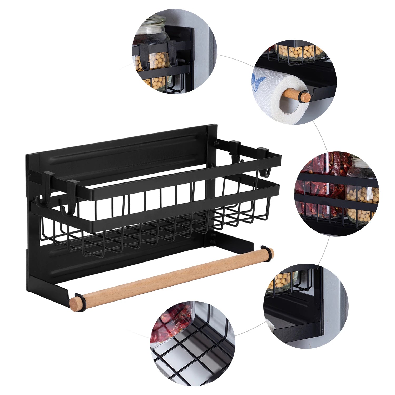 Detail views of magnetic fridge spice rack features and uses in a kitchen setting