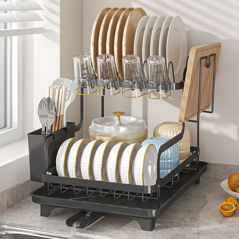 2-Tier Black Dish Drying Rack with Auto-Draining Board