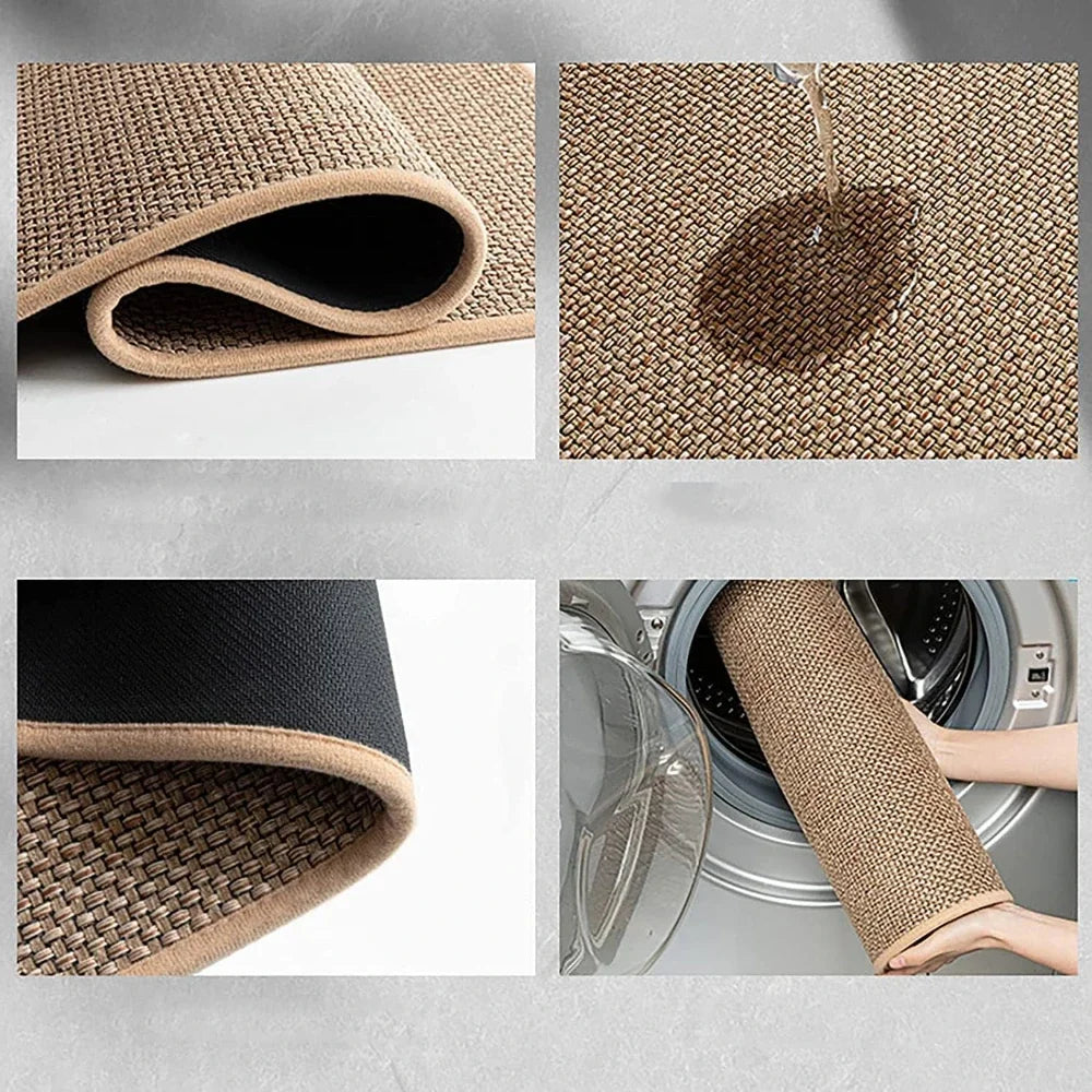 Details of faux sisal rug: close-ups of texture, spill resistance, rubber backing, and machine-washable care