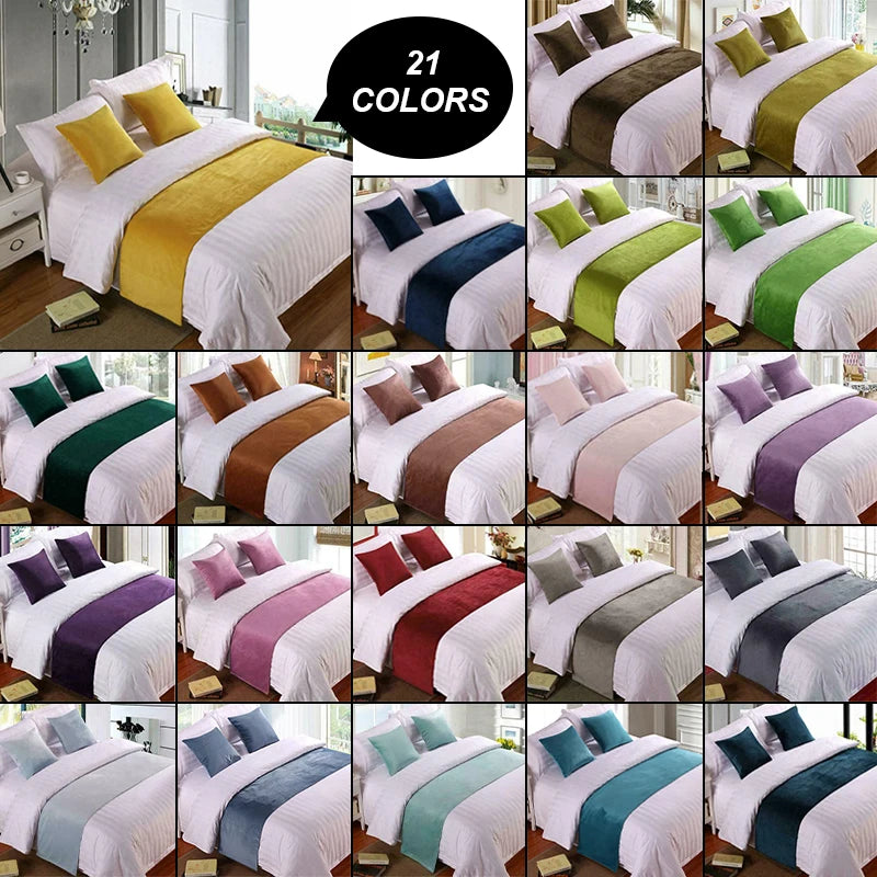 21 color options for velvet bed runner and pillow cover set shown in grid of beds