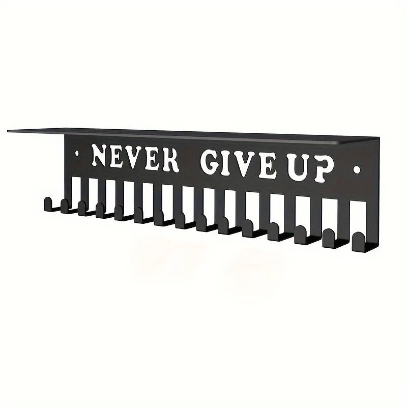 Black Iron Medal and Trophy Display Rack with Shelf – Wall-Mounted Sports Award Holder for Home or Office
