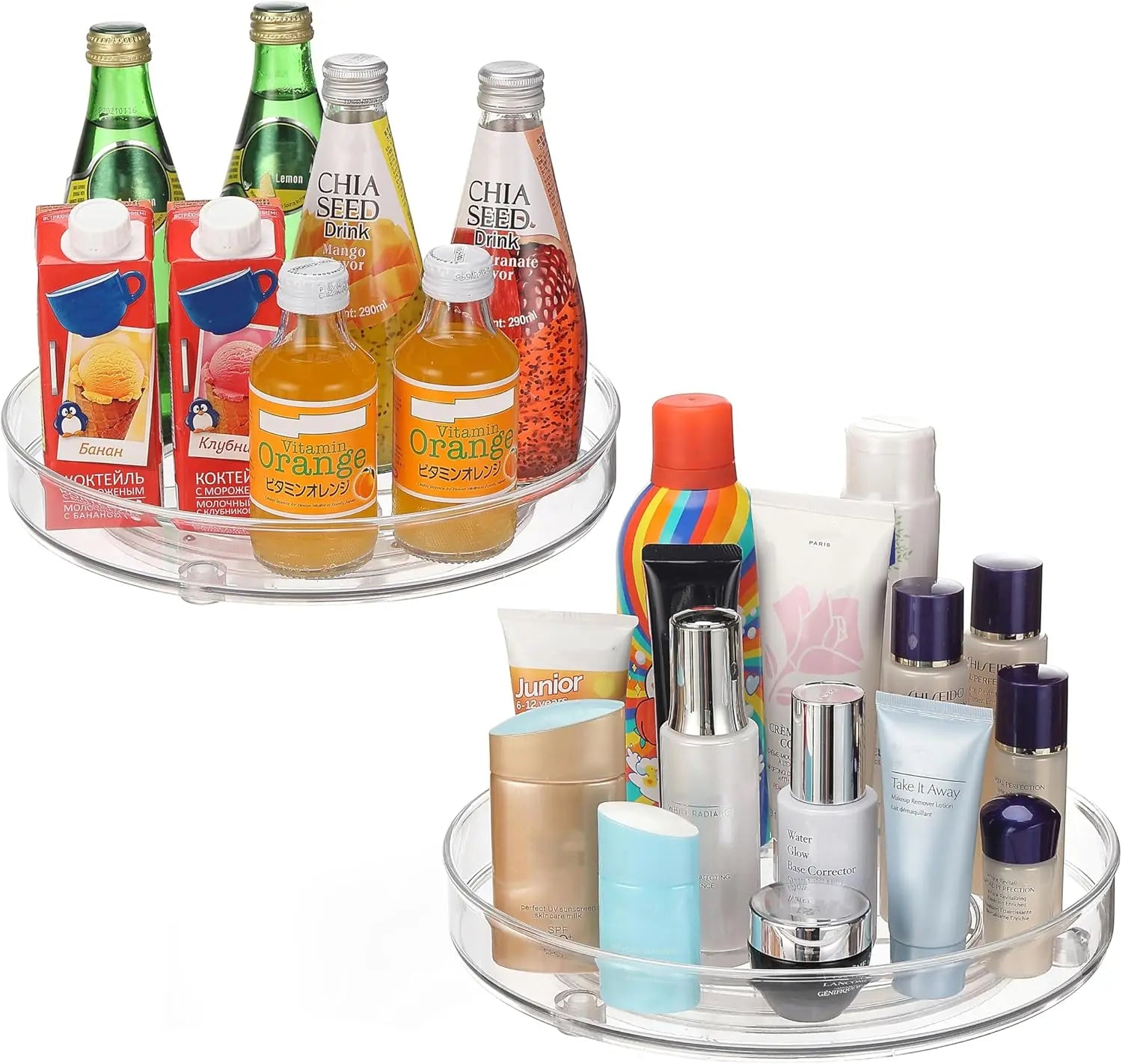 two clear rotating trays, one holding small bottles and juice boxes, one with skincare and toiletry bottles