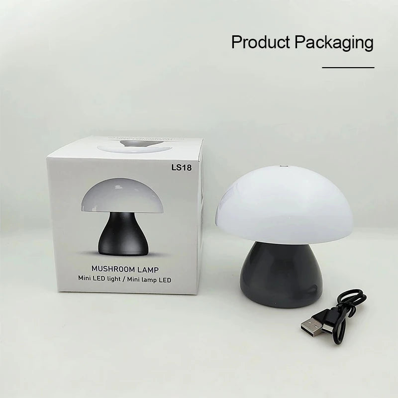 packaging and contents for mushroom LED night light, including USB cable