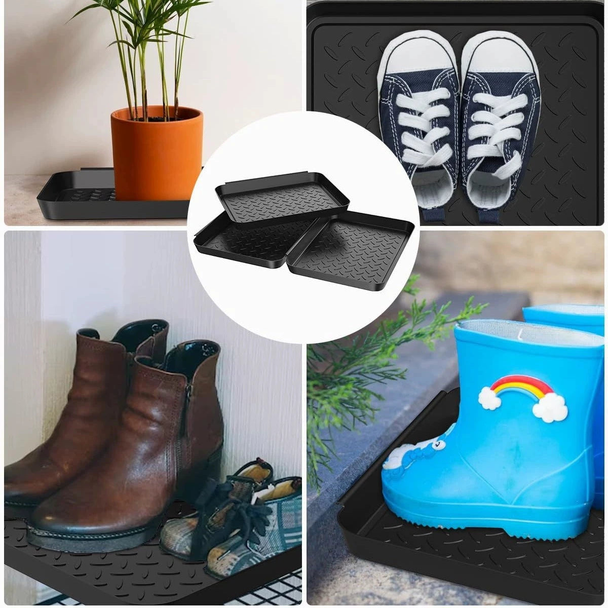 Four-part collage showing boot trays holding houseplants, children's sneakers, brown boots, and blue rain boots