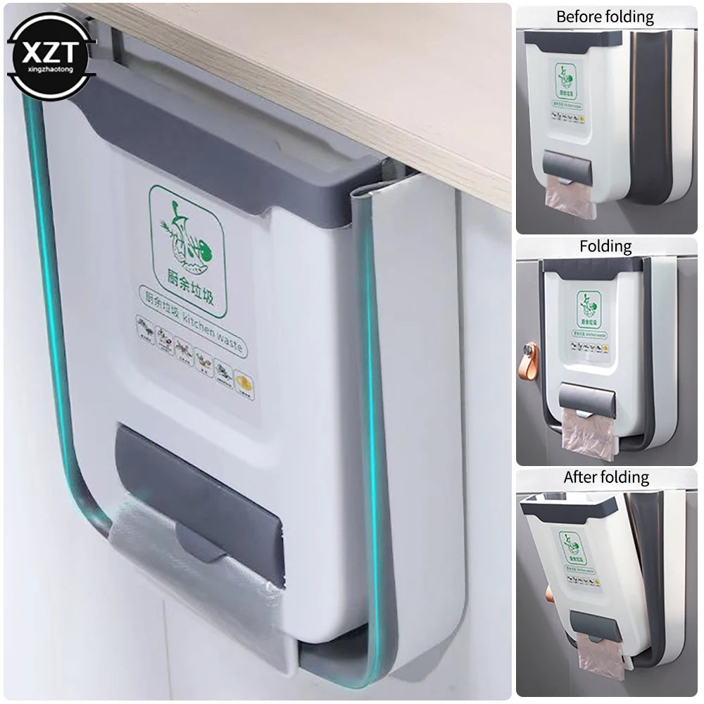 Collapsible kitchen trash bin shown before and after folding on a cabinet door