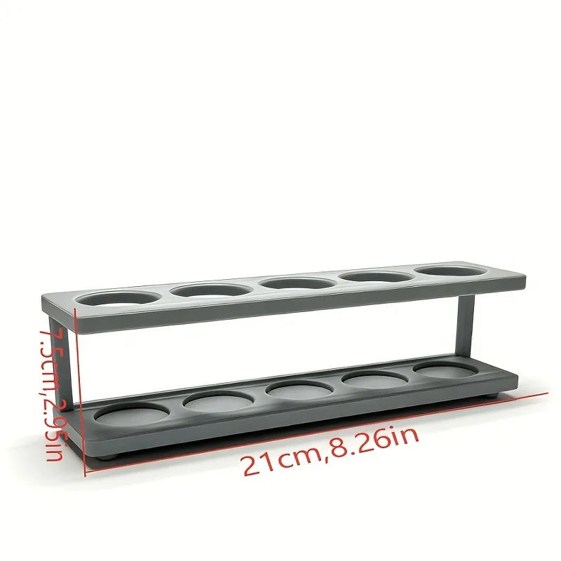 empty gray plastic multi-slot toothbrush organizer showing size and dimensions