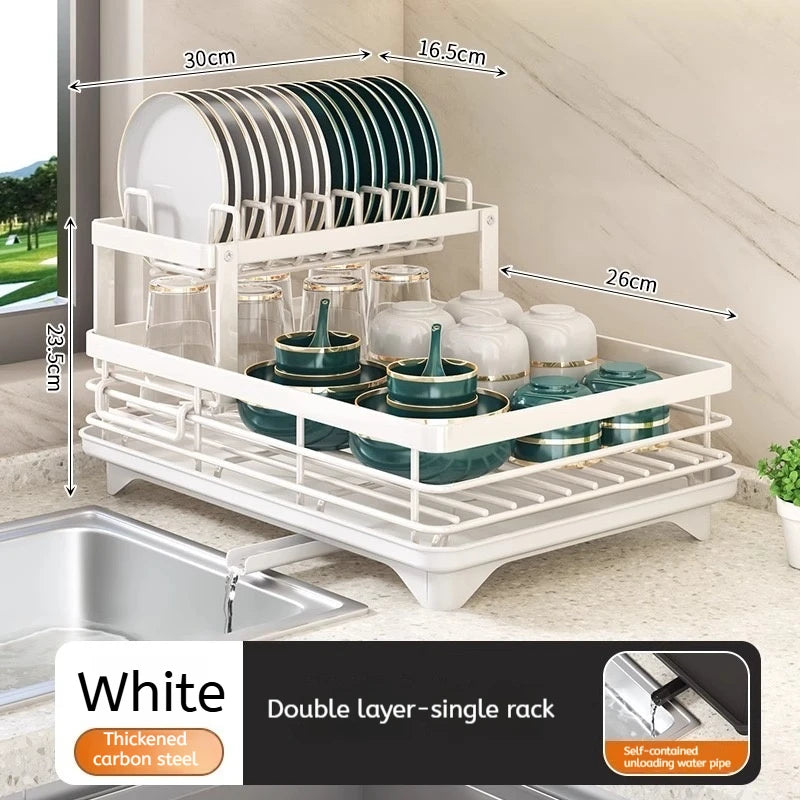 Adjustable 2-Tier Carbon Steel Dish Drying Rack with Drainboard for Kitchen Counter Organization