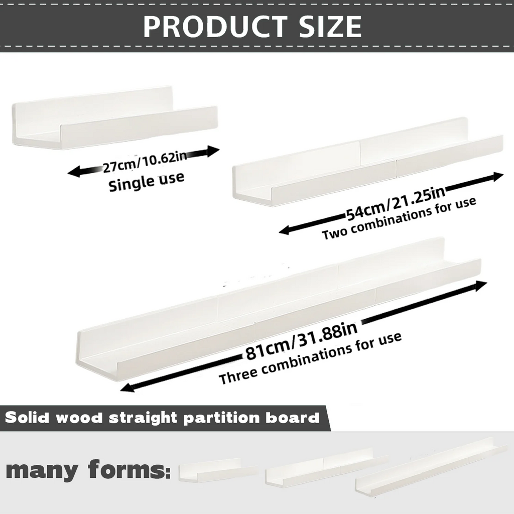Product size chart for slim white wall shelf with single, double, and triple row usage