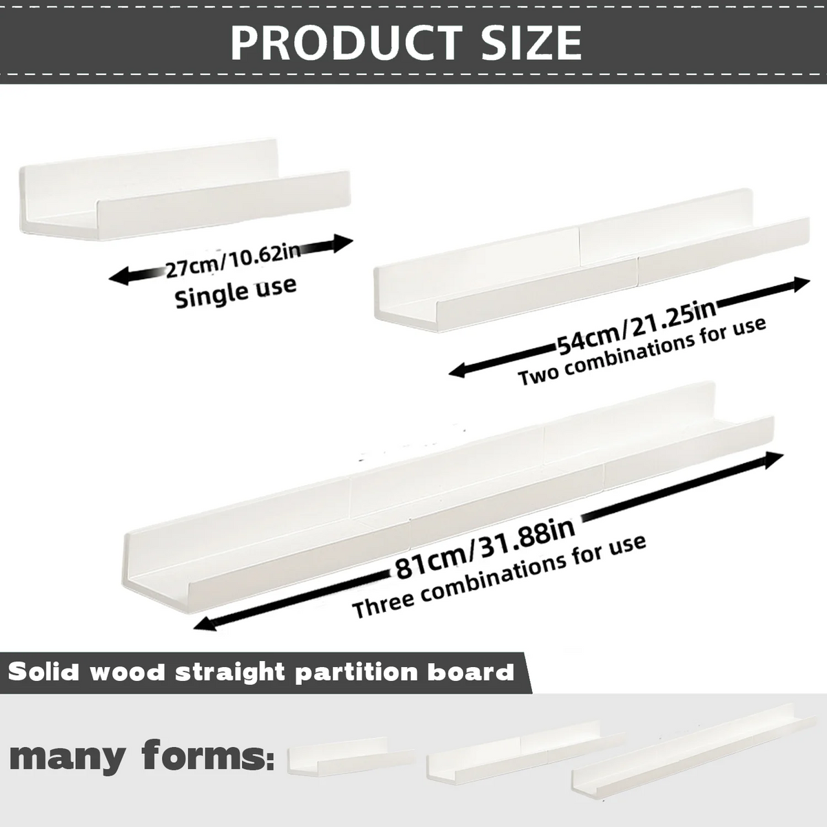 Product size chart for slim white wall shelf with single, double, and triple row usage