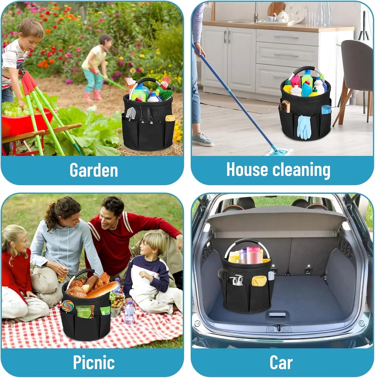 Foldable Cleaning Caddy with Handle and Pockets, 17L Capacity
