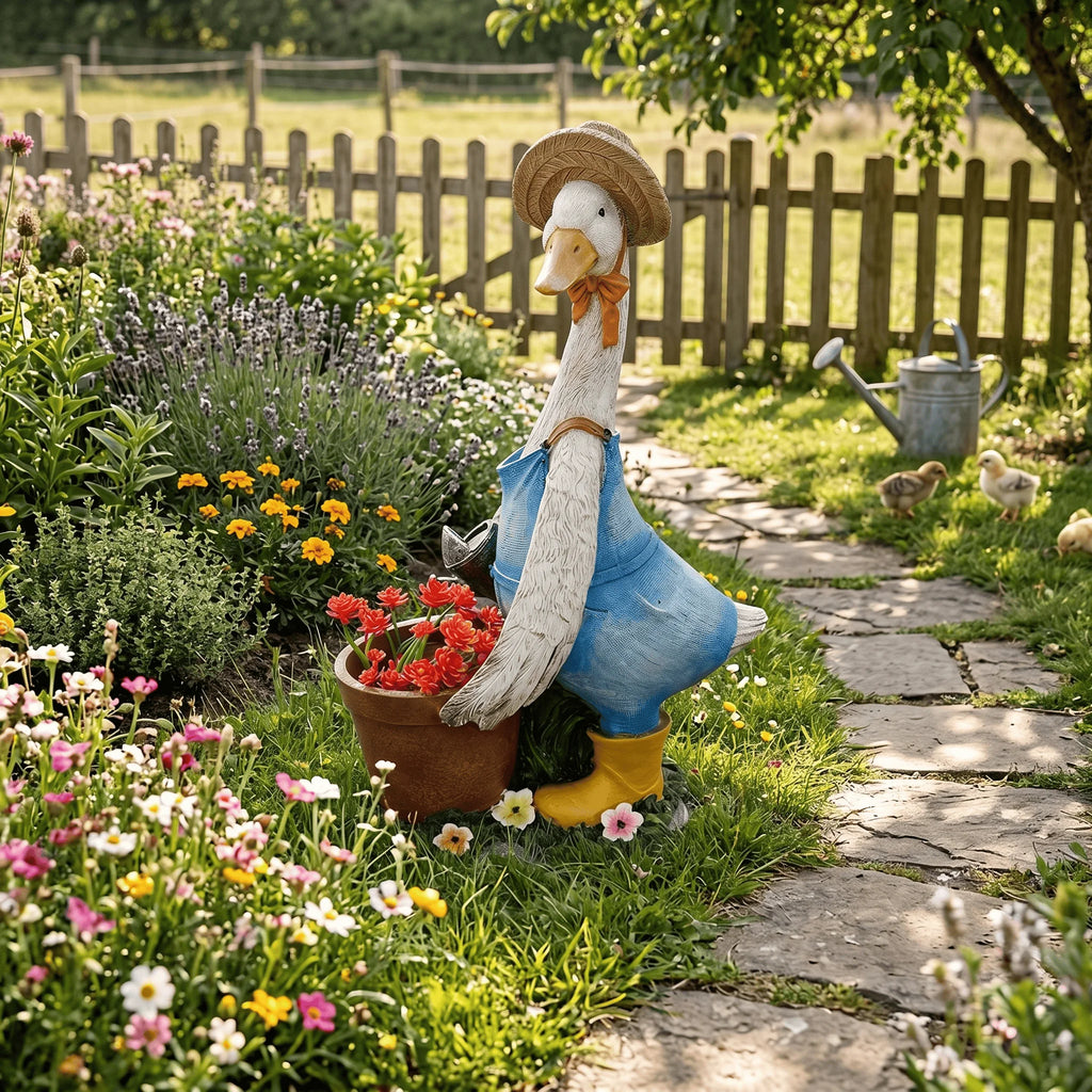 Blue resin duck garden statue with planter holding red flowers, placed on a garden path surrounded by floral beds and a picket fence