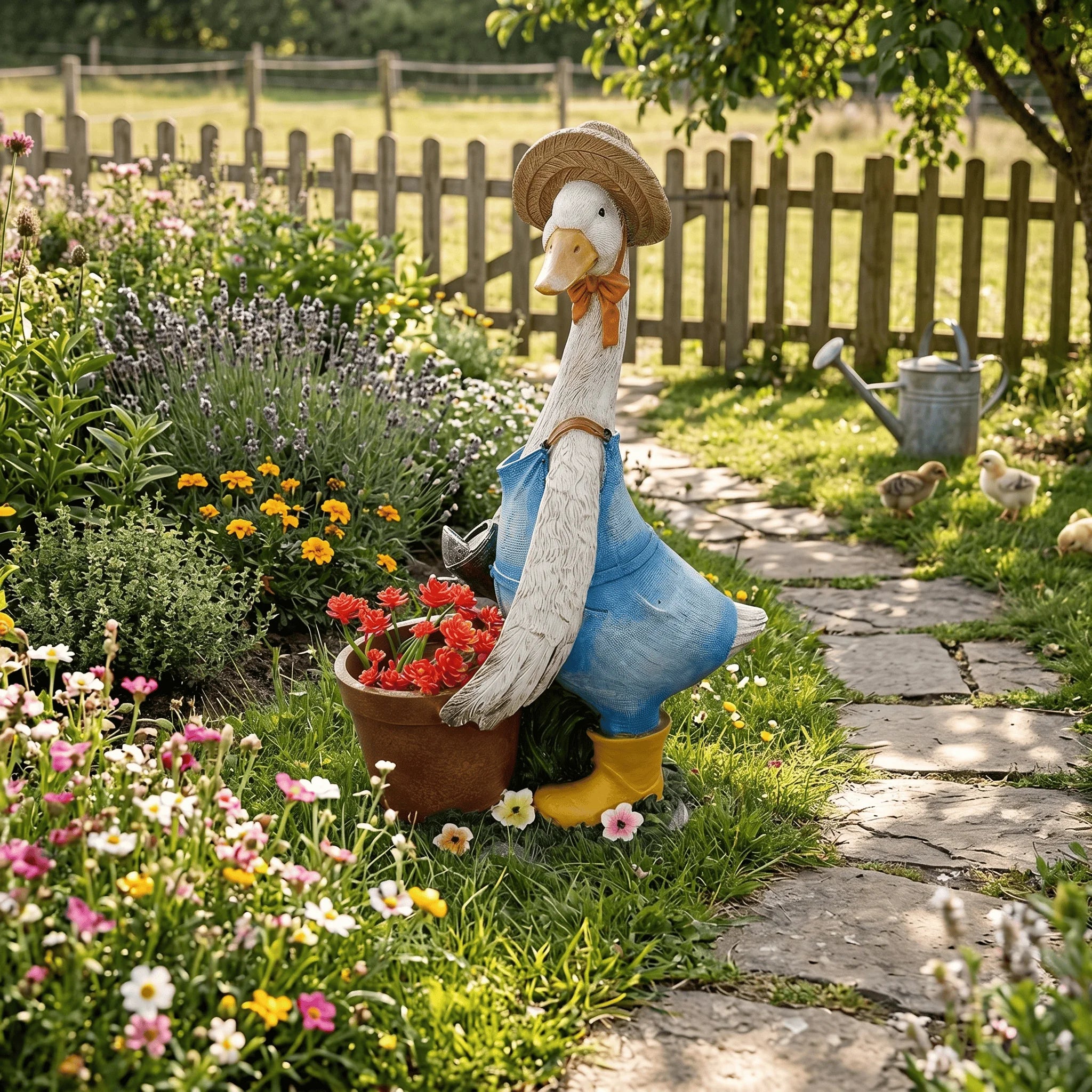 Blue resin duck garden statue with planter holding red flowers, placed on a garden path surrounded by floral beds and a picket fence