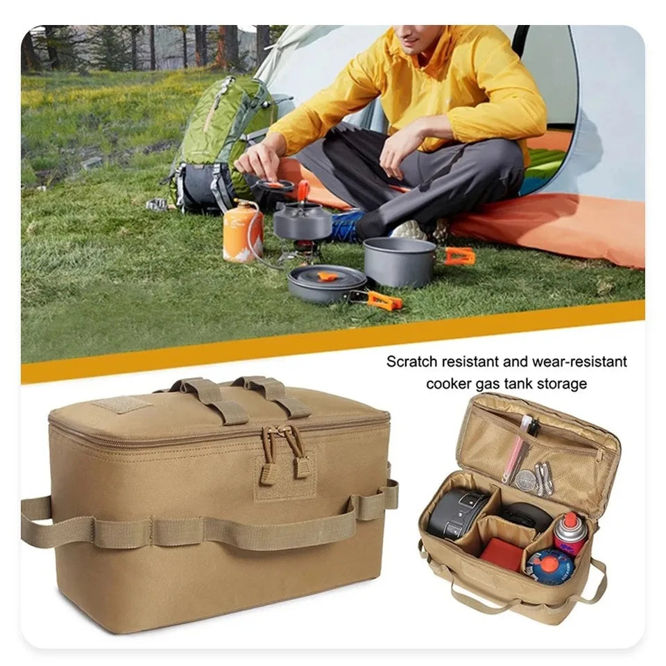 Camping gear organizer bag in use outside a tent with camp cookware and gas canisters