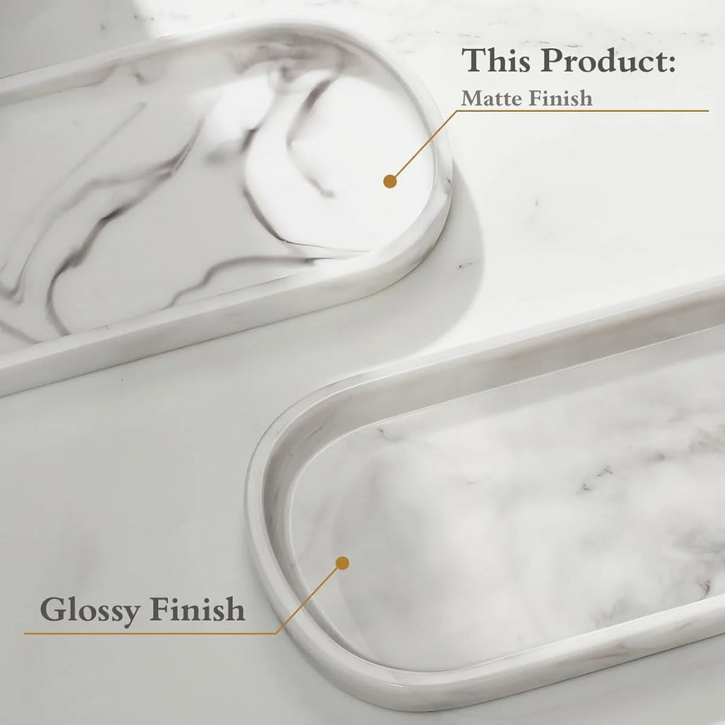 Comparison of two marble-look oval trays showing matte and glossy finishes, with this product marked as matte