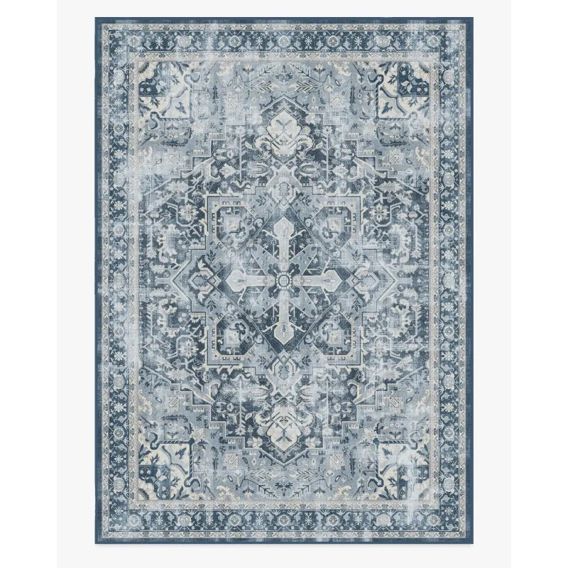 Blue Persian-inspired washable rug with classic geometric design