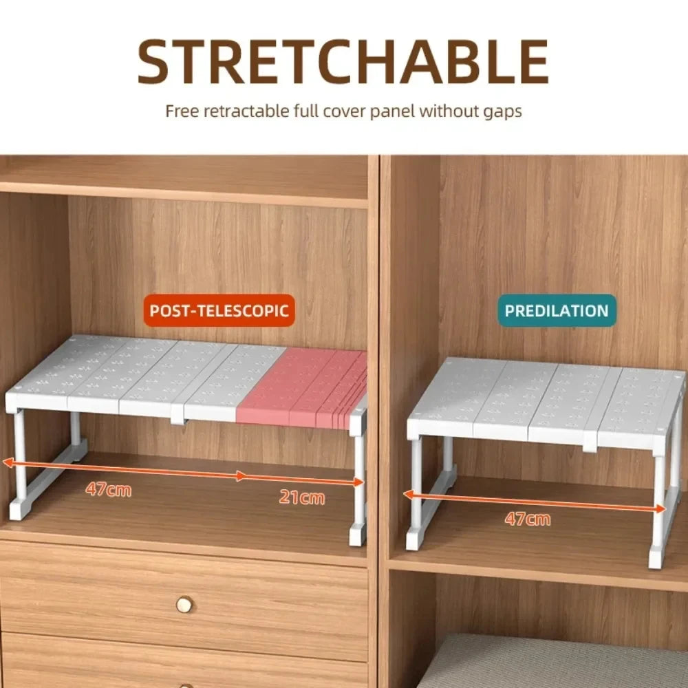 Demonstration of the stretchable and retractable design of the adjustable shelf divider in a closet