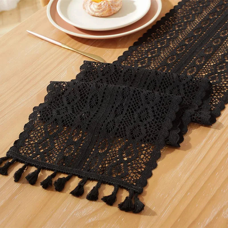 Arden Crochet Lace Table Runner with Tassel – Beige Cotton Blend