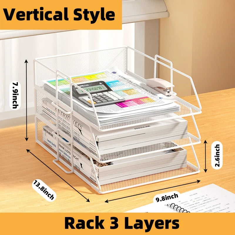 Mesh Metal Desk Organizer with Multi-Tier Paper Trays and Pen Holder