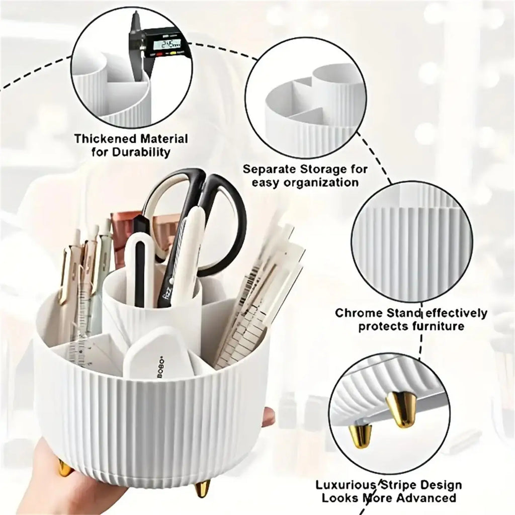 Close-up of rotating organizer's divided compartments and ribbed design details