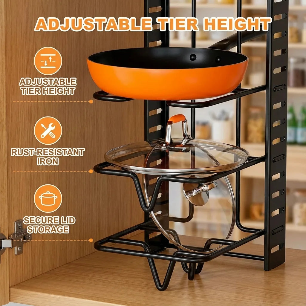 Close-up of adjustable tier height on metal pot and pan organizer with a pot and lid