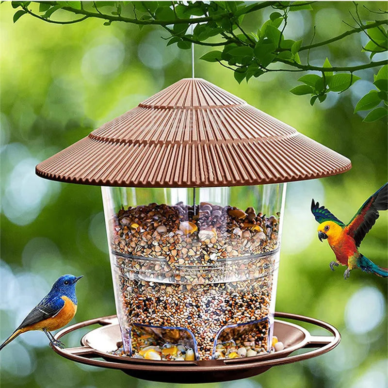 brown hanging bird feeder filled with seeds, two colorful birds perched and flying nearby in a green garden