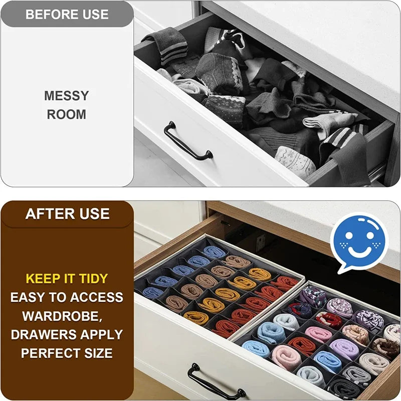 Before and after using the organizer: messy sock drawer versus tidy drawer with two gray 24-space storage bins