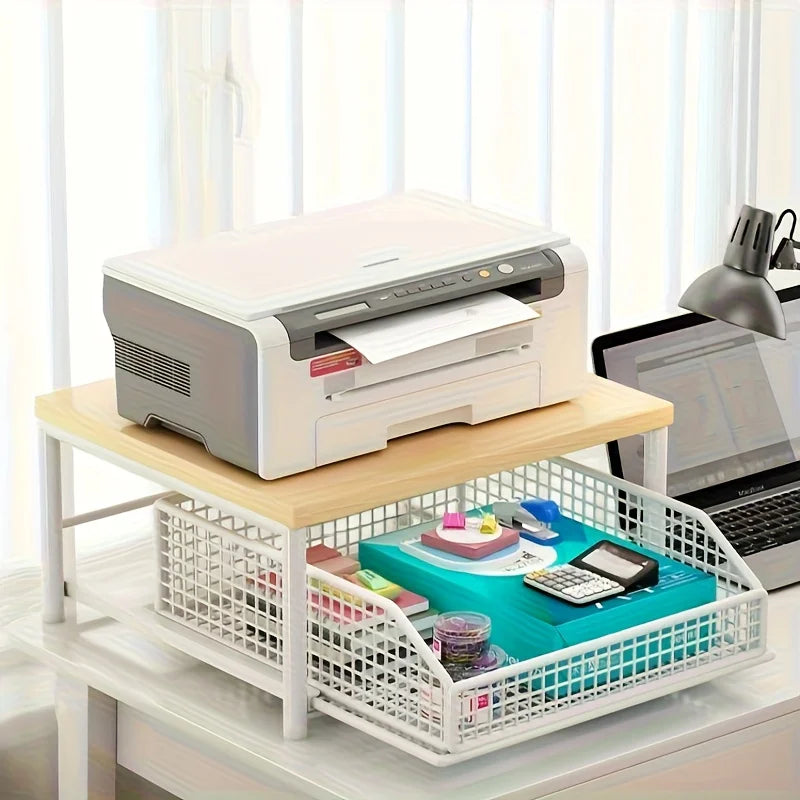 Desk or office setup with home printer on wooden top of white organizer shelf, pull-out basket underneath holding office supplies