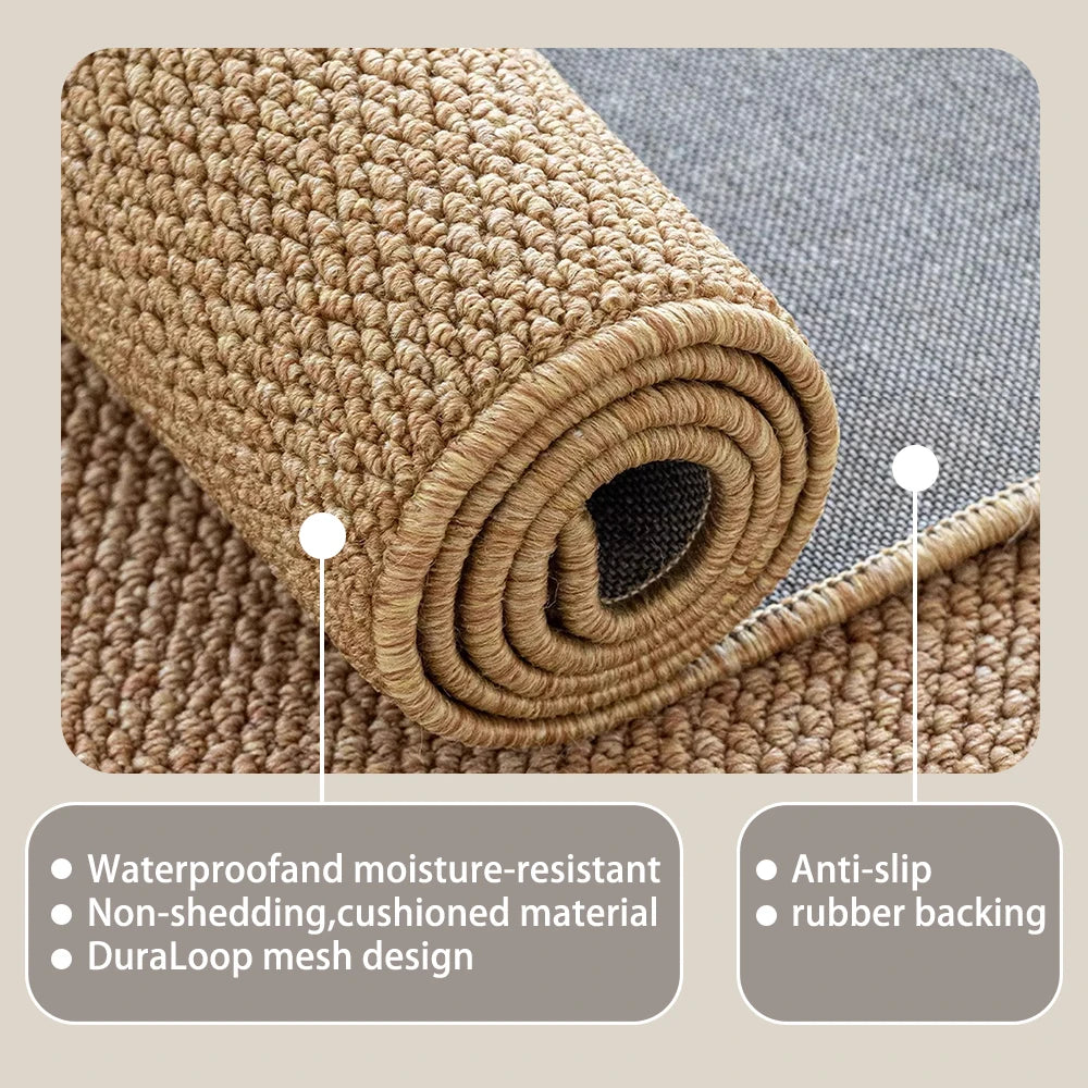 roll of beige looped polyester doormat displaying anti-slip backing and product details