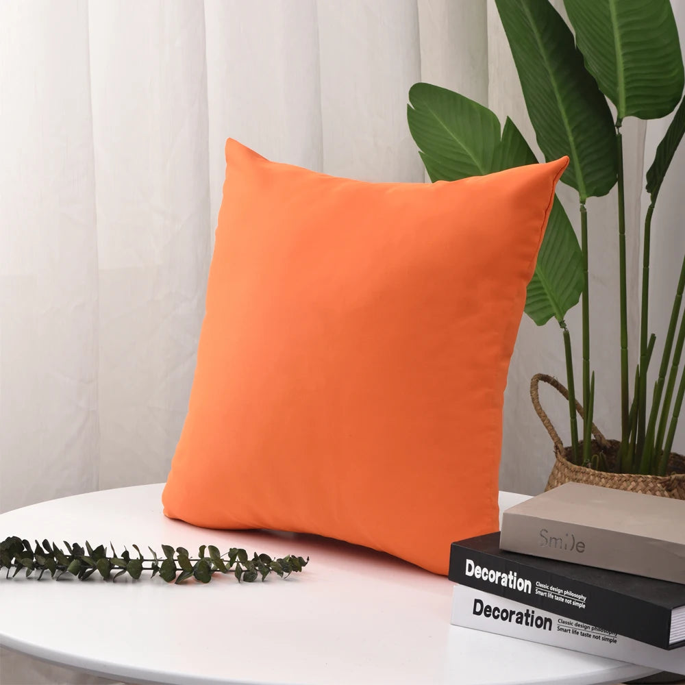 Bright orange square cushion cover on table beside green plants and books