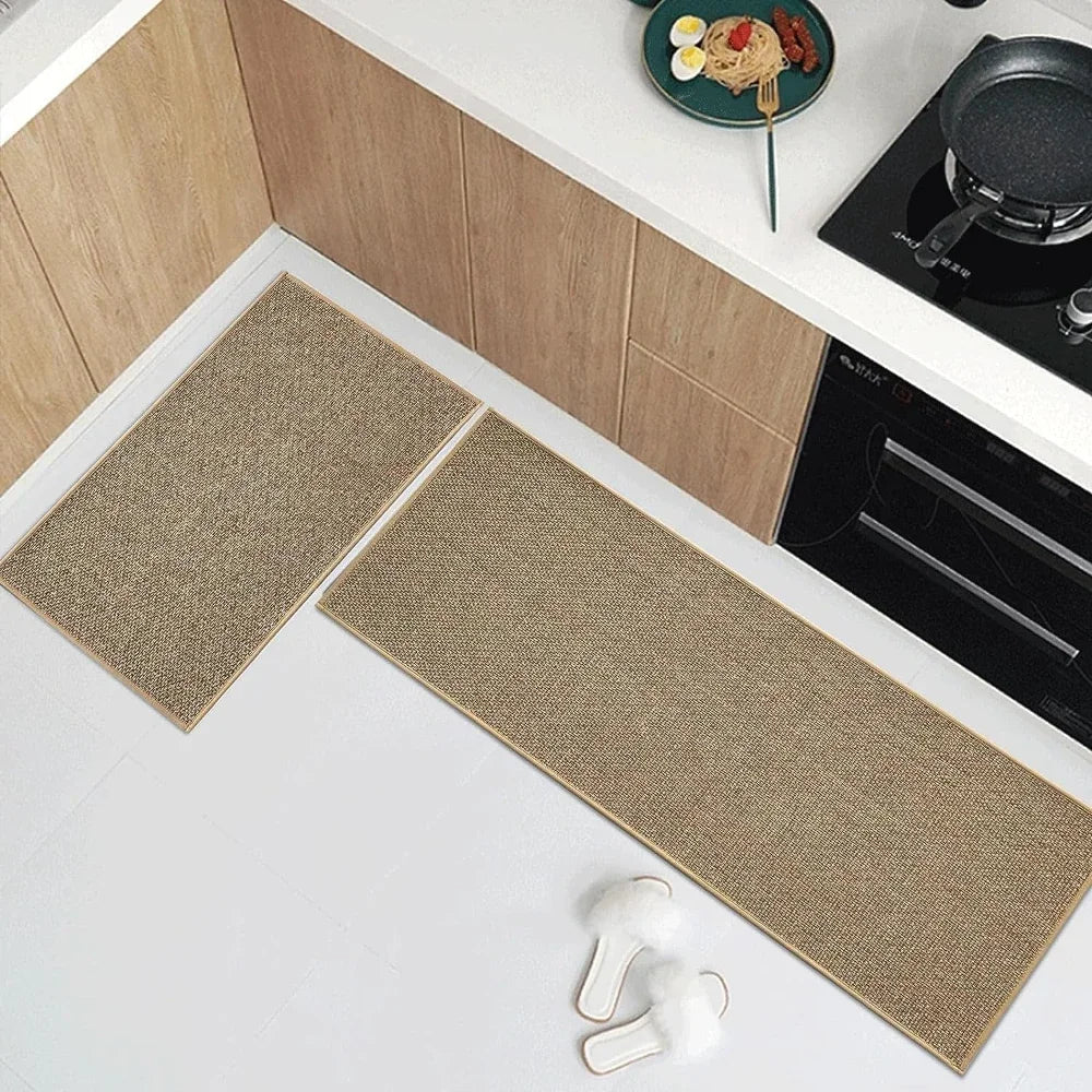 Washable Faux Sisal Kitchen Runner Rug with Non-Slip Rubber Backing – Plaid Woven Look, Brown or Grey, Multiple Sizes for Kitchen and