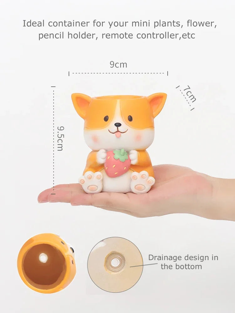 Corgi animal resin planter showing hand scale and drainage hole feature