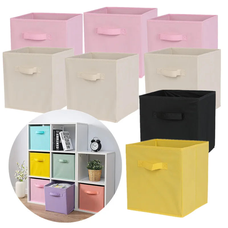 Assorted fabric collapsible cube storage bins in various colors for closet or shelf organization