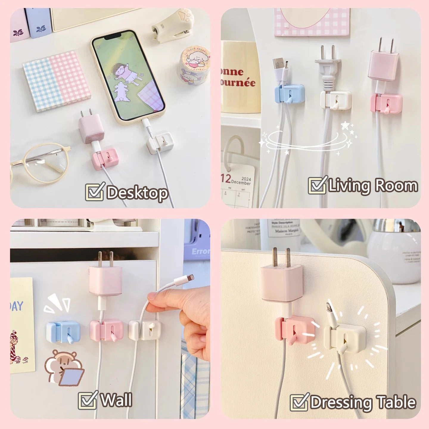 Four home settings—a desktop, living room, wall shelf, and vanity—all using assorted cable clips to organize cords