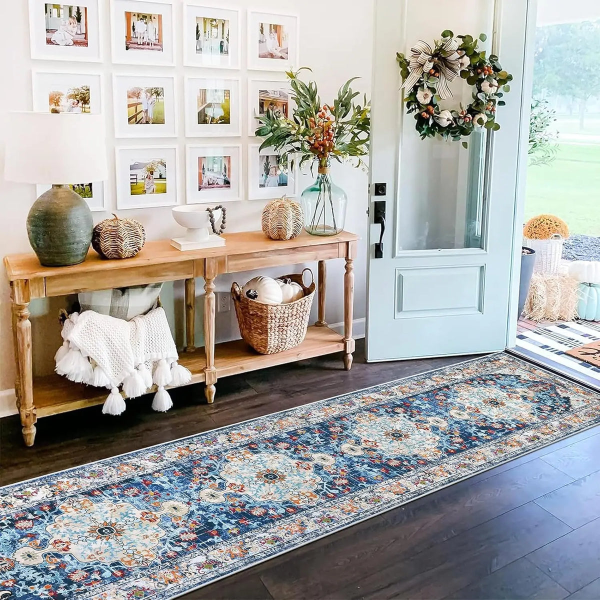 Boho Geometric Hallway Runner Rug – Non-Slip, Water Absorbent, Machine Washable, for Entryway, Kitchen & Laundry