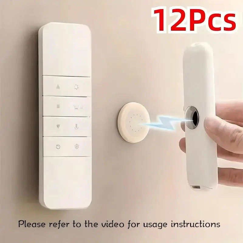 Remote control being attached to a round magnetic wall holder with 12-piece label