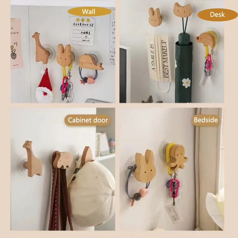 Scenes showing wood animal wall hooks used on walls, cabinets, and beside a desk