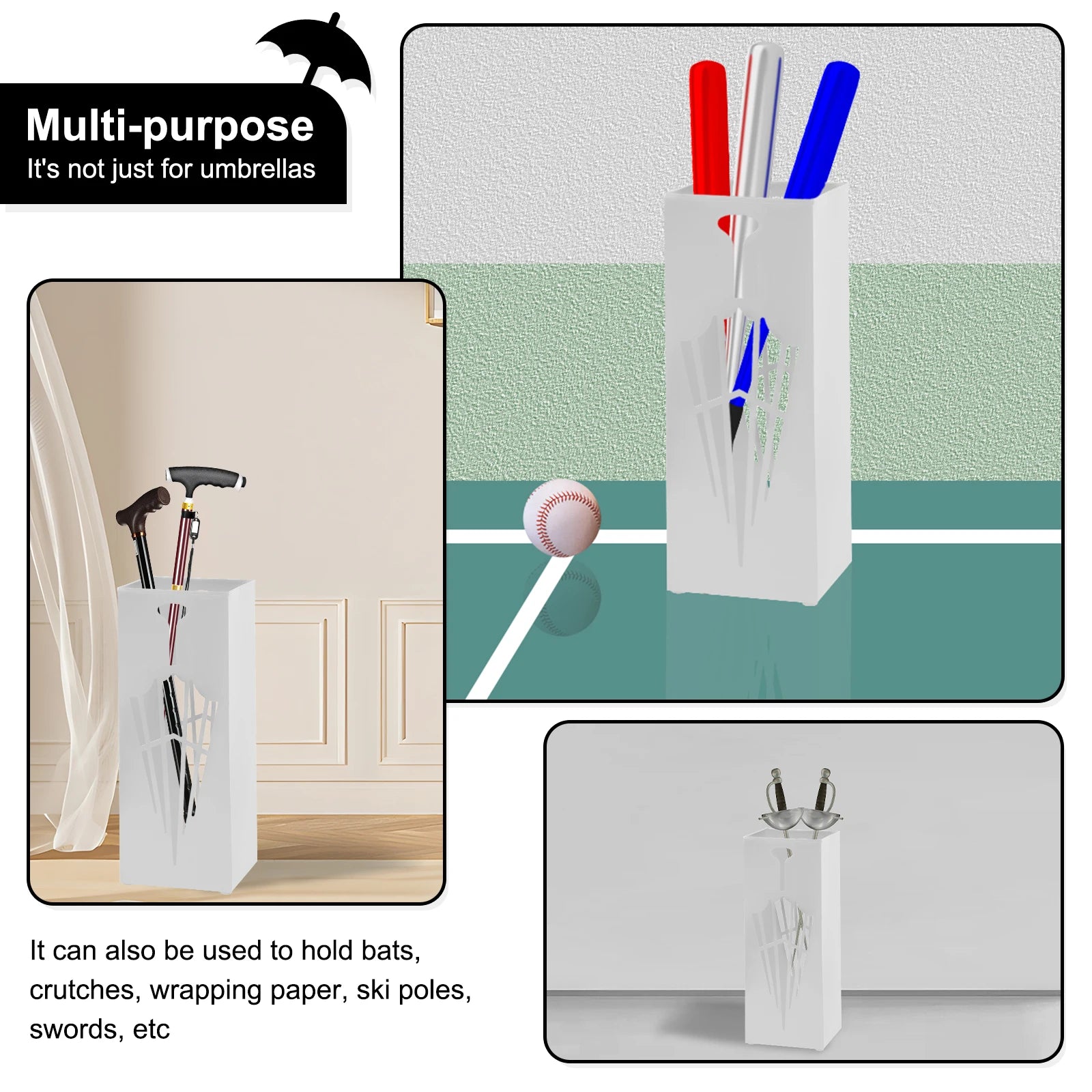 White metal umbrella stand used for crutches, bats, ski poles, and wrapping paper storage