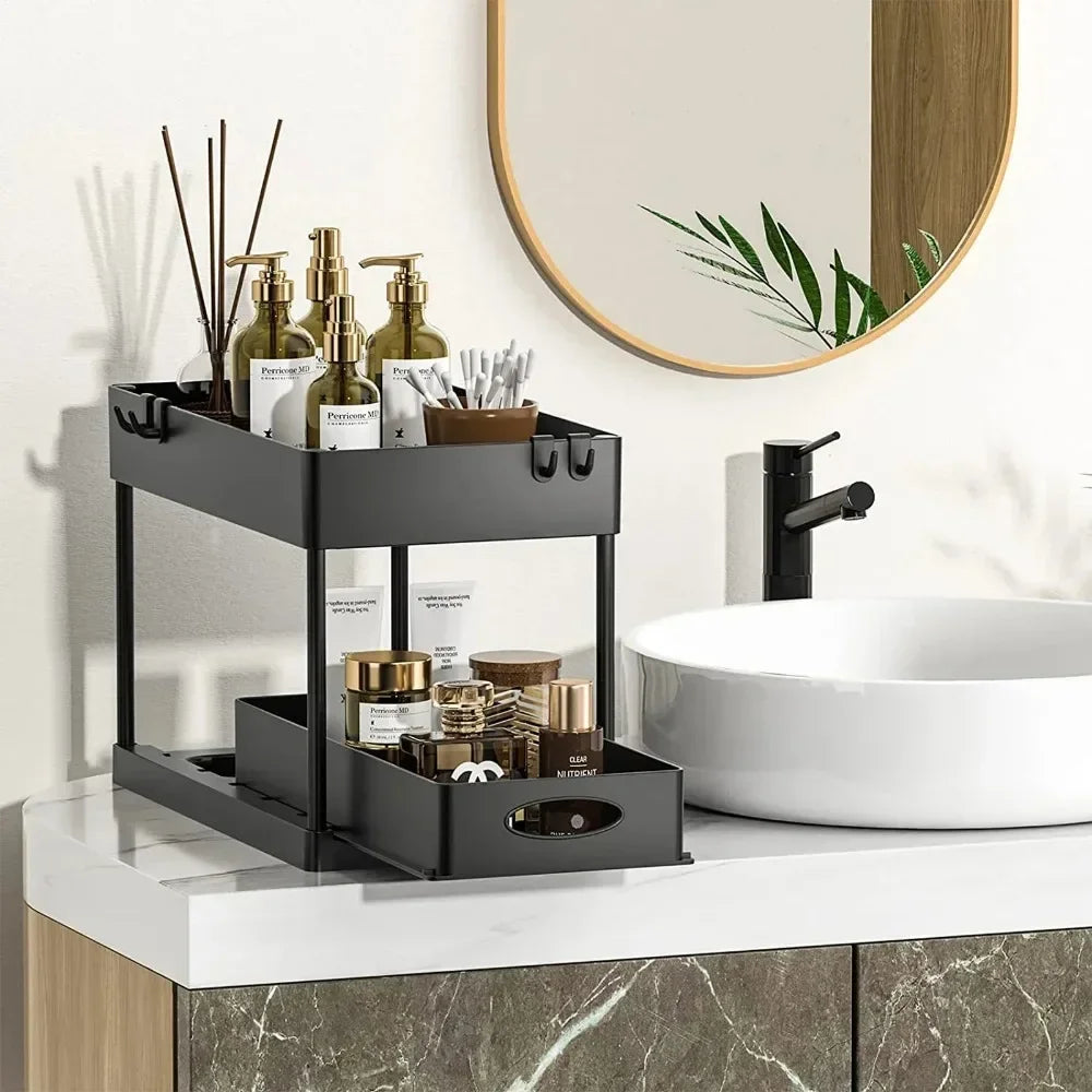 2-tier organizer rack placed on bathroom counter with toiletries and cosmetics