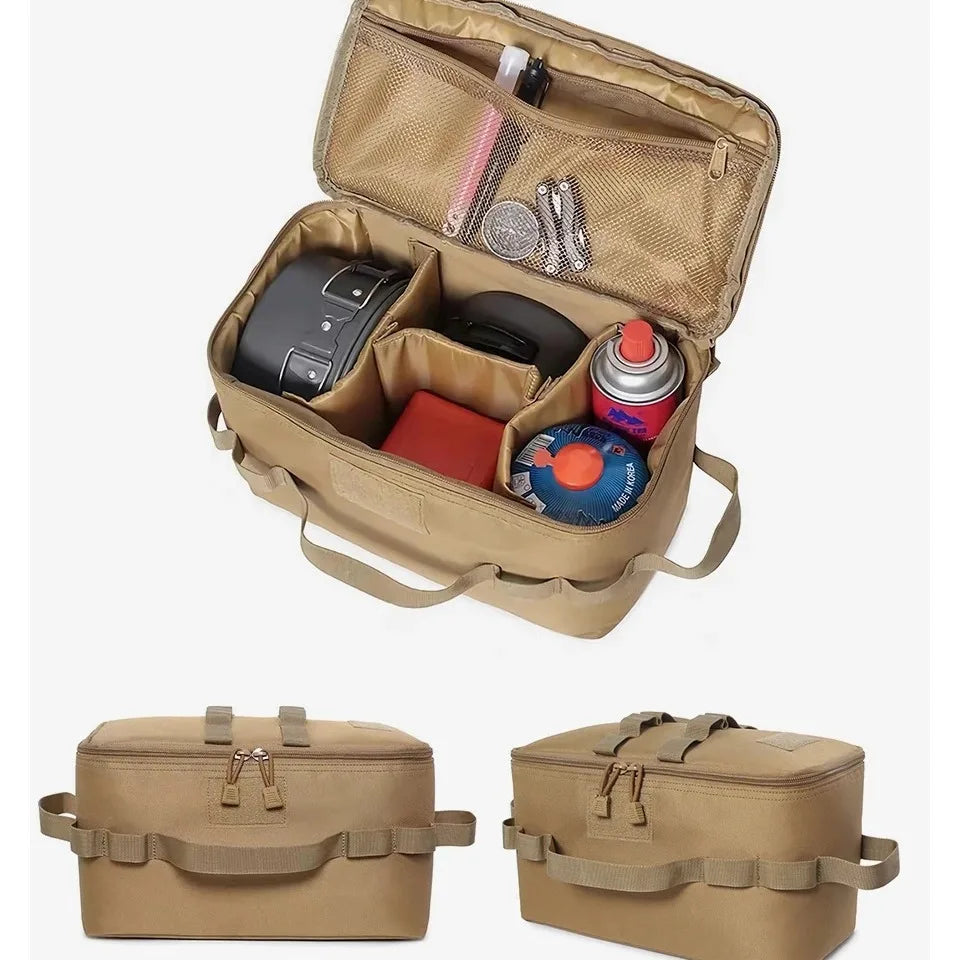 Khaki camping organizer bag with open top showing divided interior compartments