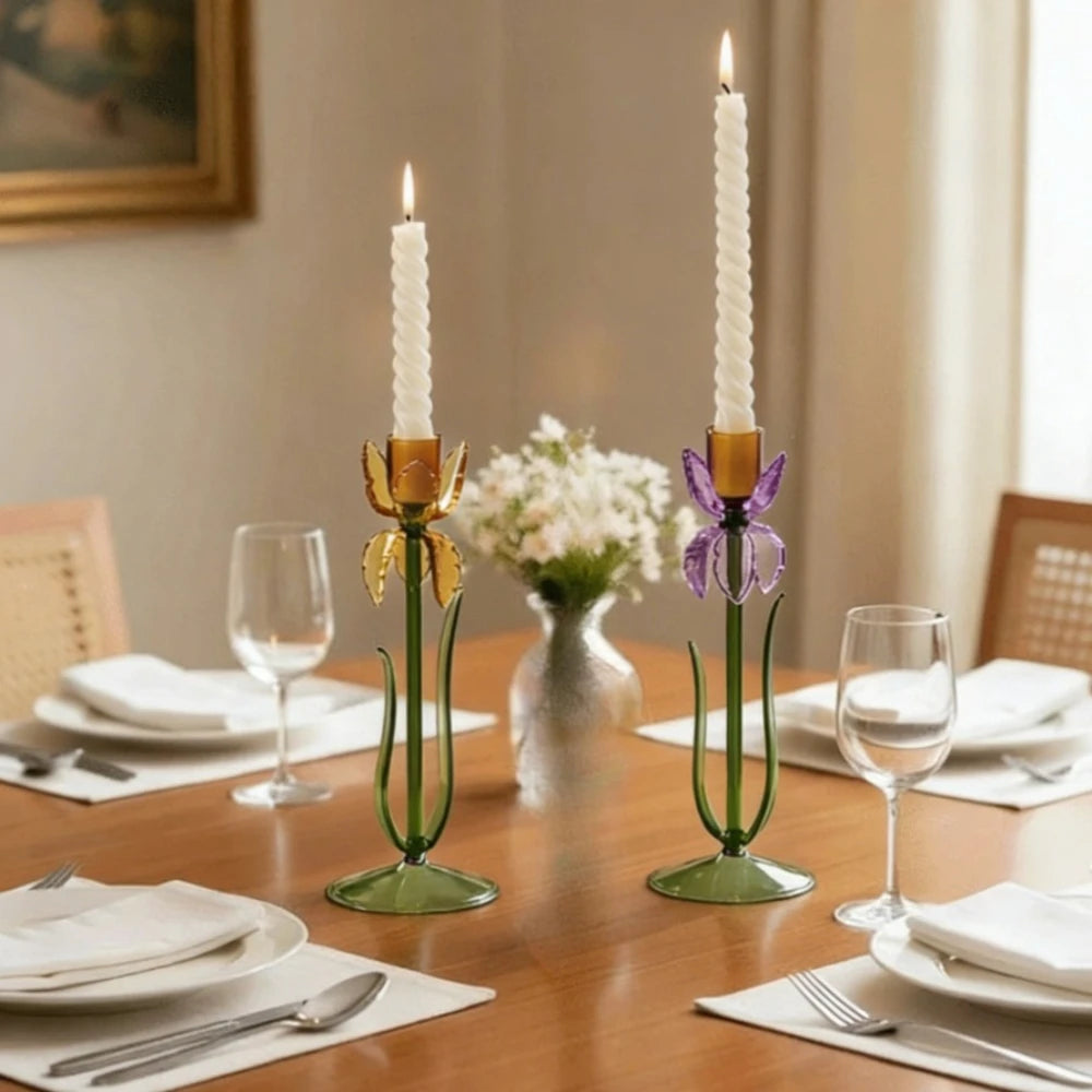 Iris Flower Glass Taper Candle Holder for Dining Table & Cozy Decor, Pink or Yellow