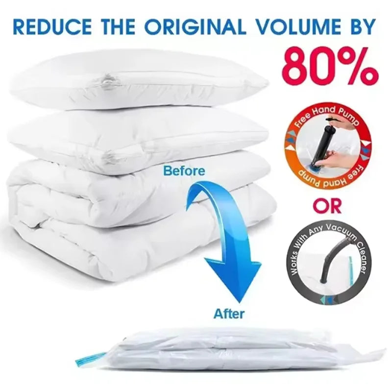 Diagram showing reduction in size of pillows and bedding using vacuum storage bag, with hand pump and vacuum cleaner shown as compatible