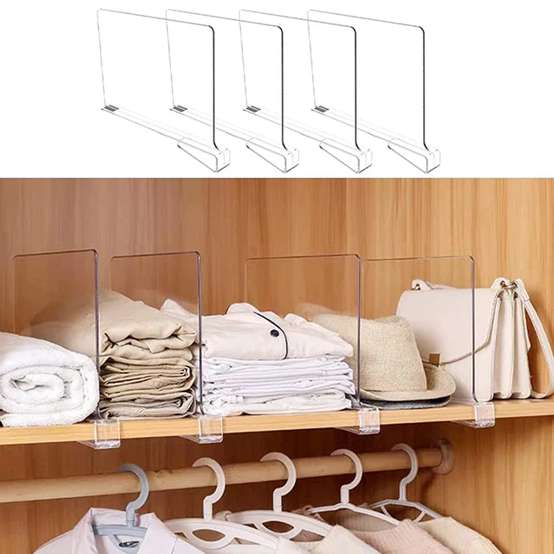 Four clear closet shelf dividers and photo of dividers organizing towels, clothes, hats, and bags in a wardrobe