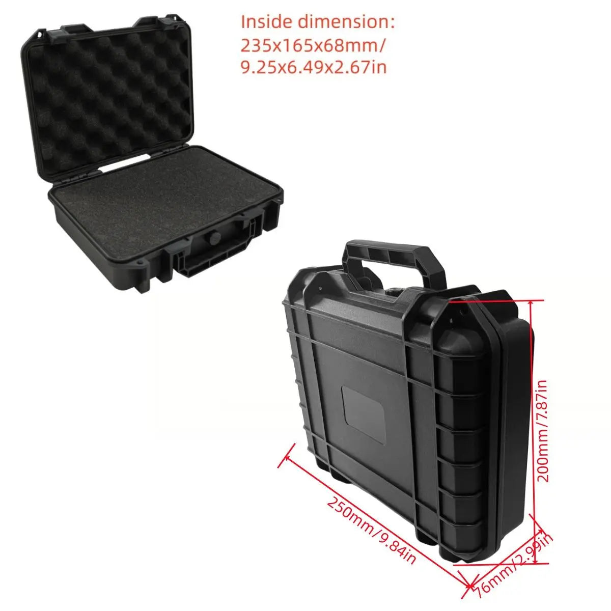 Hard plastic storage box shown open with foam insert and closed with labeled measurements.